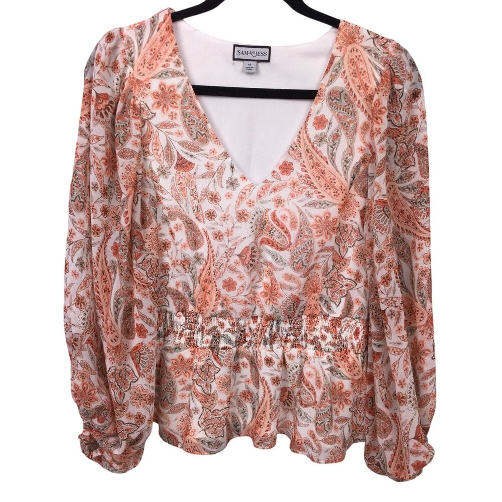 Sam and Jess Paisley Cottagecore Smocked Peplum V-neck Balloon Sleeve Blouse M